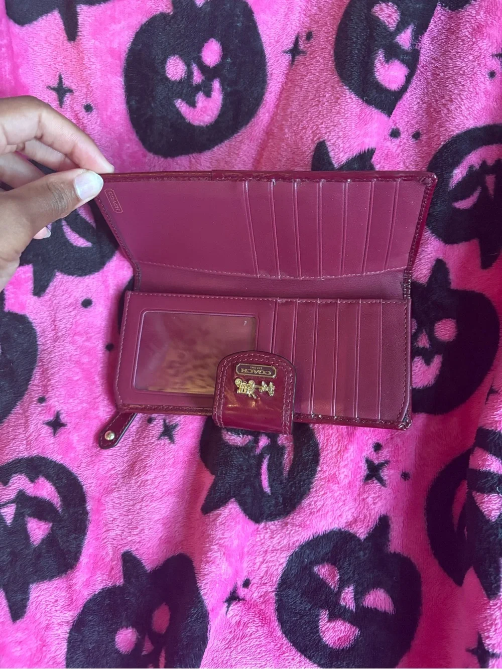 Coach Patent Leather Trifold Wallet in Deep Wine